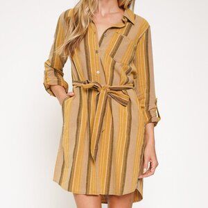 MYSTREE Striped Button Down Shirt Dress Tunic Mustard Tan Neutral Belted Shacket